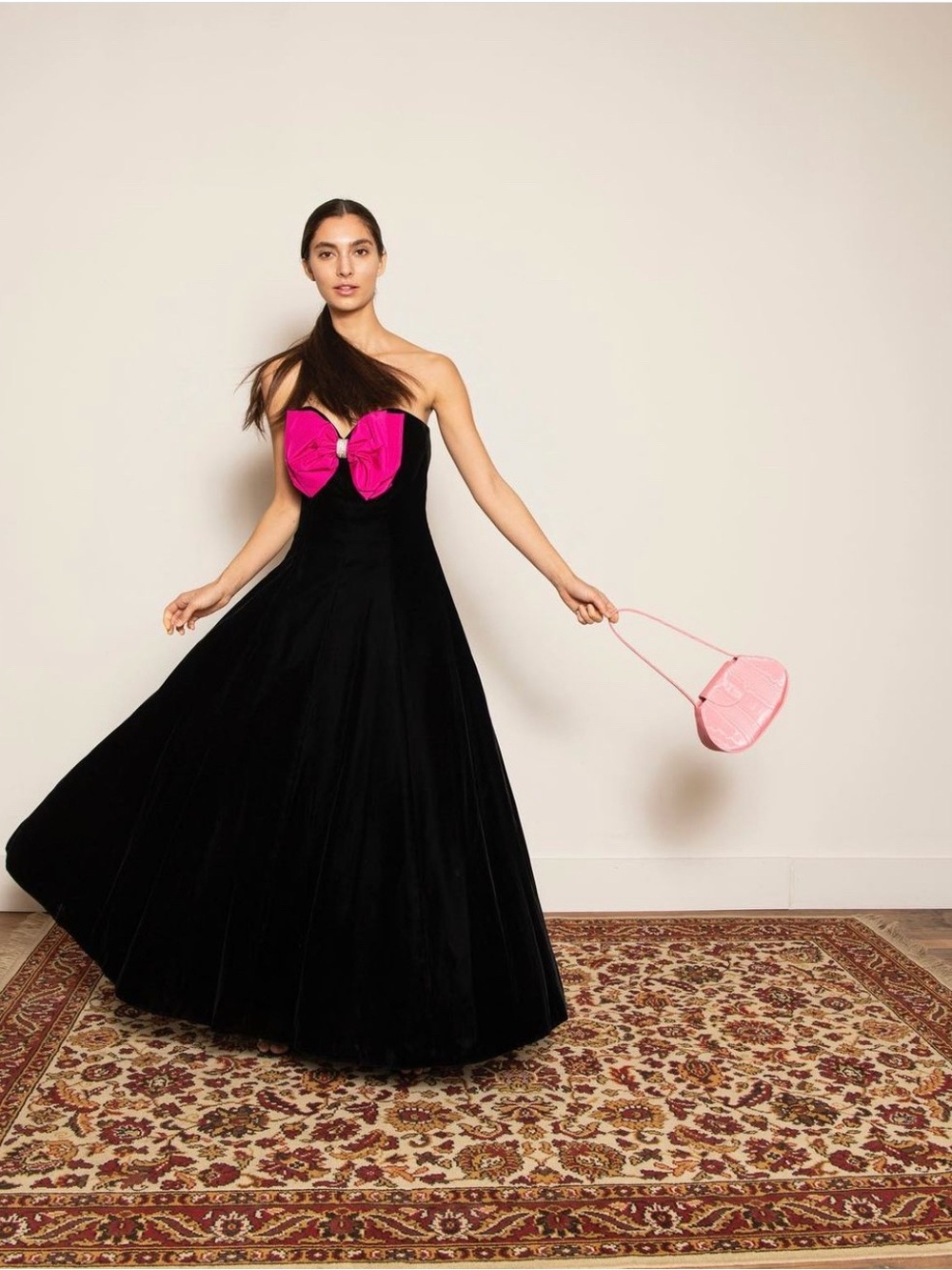 Victor Costa Vintage Strapless Black Ball Gown with Fuchsia Bow Detail